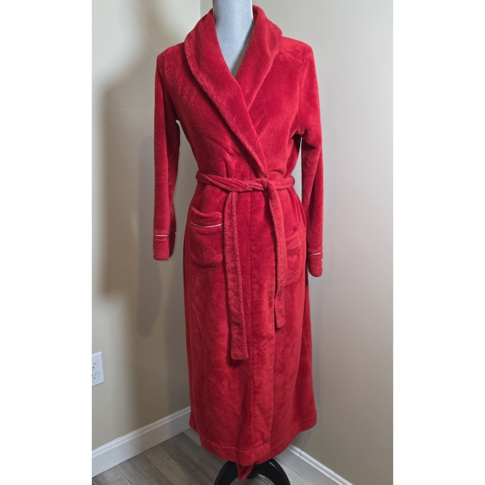 Victoria's Secret Red Plush Fleece Robe‎ Long Shawl Collar Belted S/M FLAW